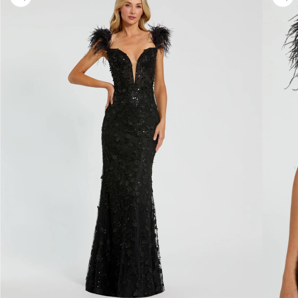 New | Mac Duggal Black Sheer Bustier Gown With Feather Straps | 20889 | 6